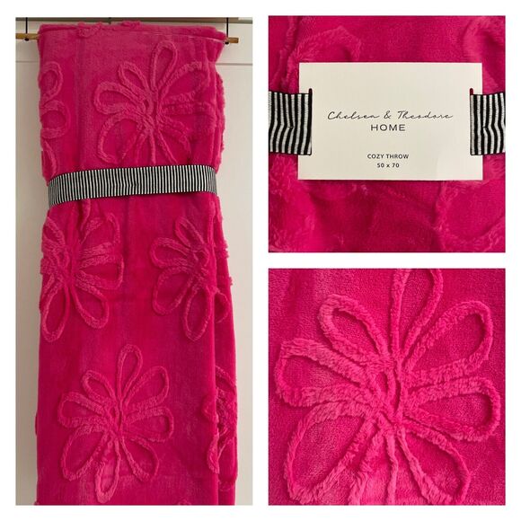 HOT PINK 50x70 Chelsea & Theodore Soft Plush Throw Blanket Textured Flower $78